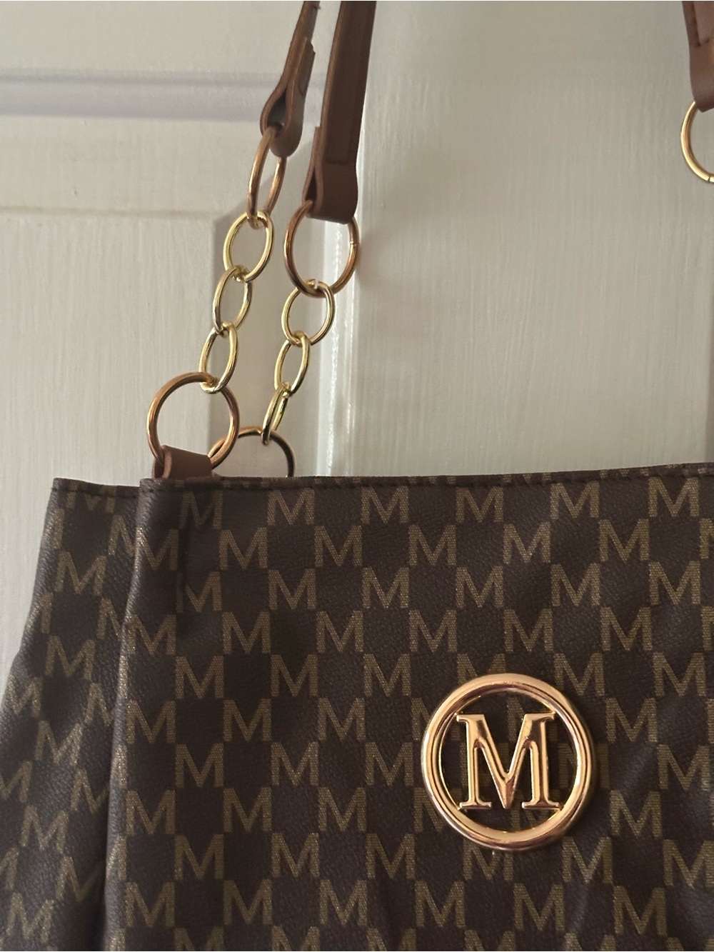 Brown Monogram Shoulder Bag with Gold Medallion